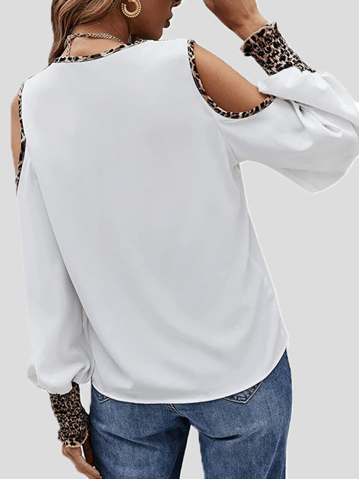 Women's Blouses Leopard Panel Button Off-Shoulder Long Sleeve Blouse