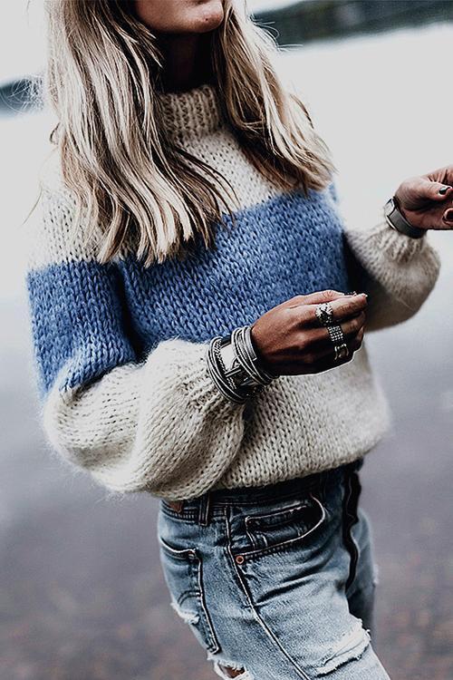 Color Block Stripe O Neck Sweater
