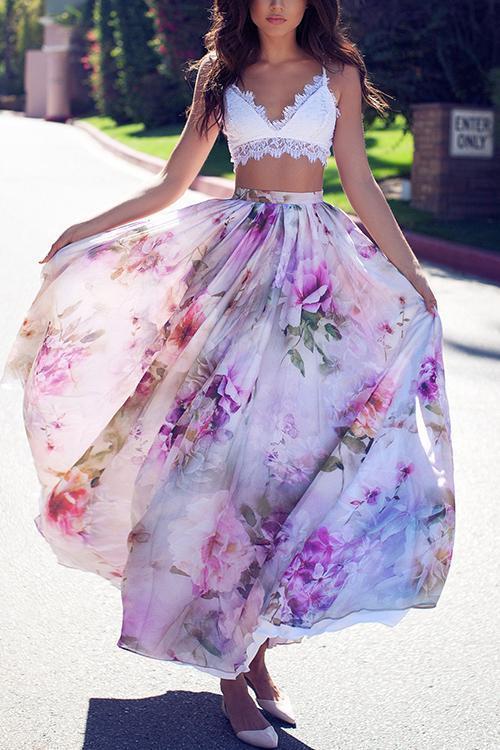 Floral Print Chiffon Maxi Skirts