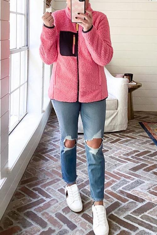 Fluffy Fleece Zipper Pockets Jackets