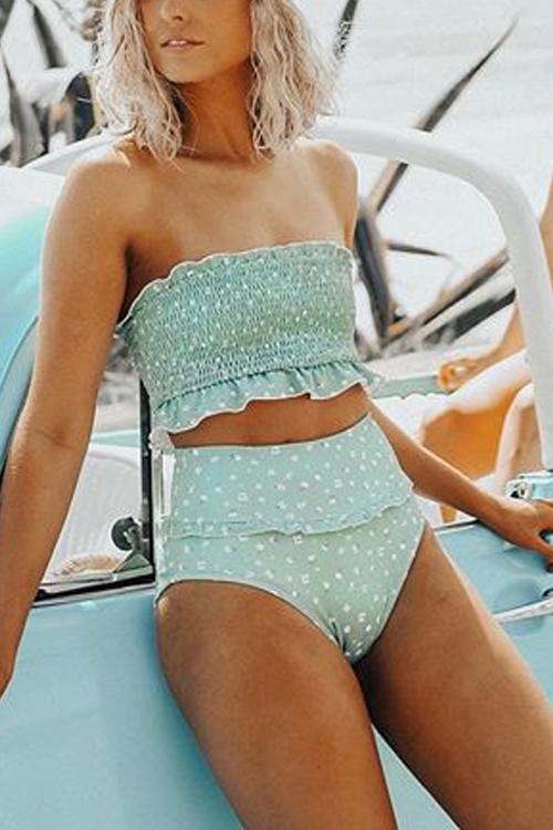 Floral Print Ruffles Strapless Bikini Set