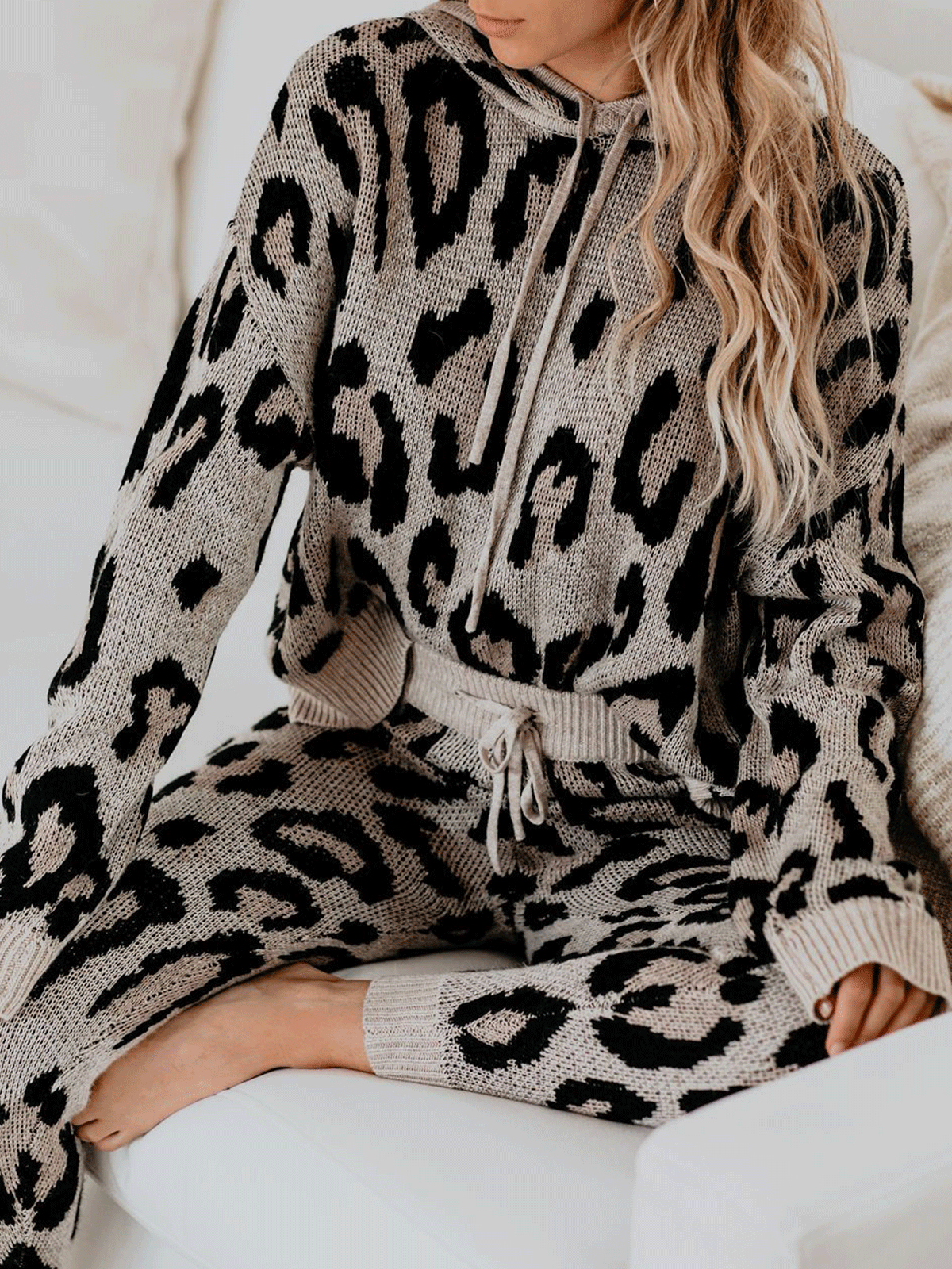 Black Casual Hooded Leopard Two Piece Outfits