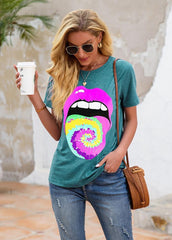 Lip Printed Round Neck Short Sleeve T-shirt