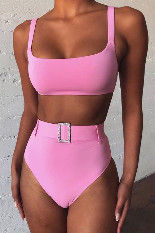Solid High Waist Bikini Set With Belt