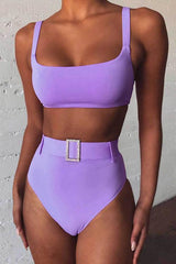 Solid High Waist Bikini Set With Belt