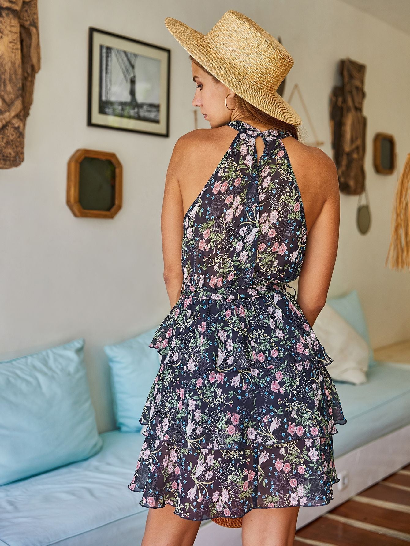 Strapless Halter Ruffle Floral Dresses