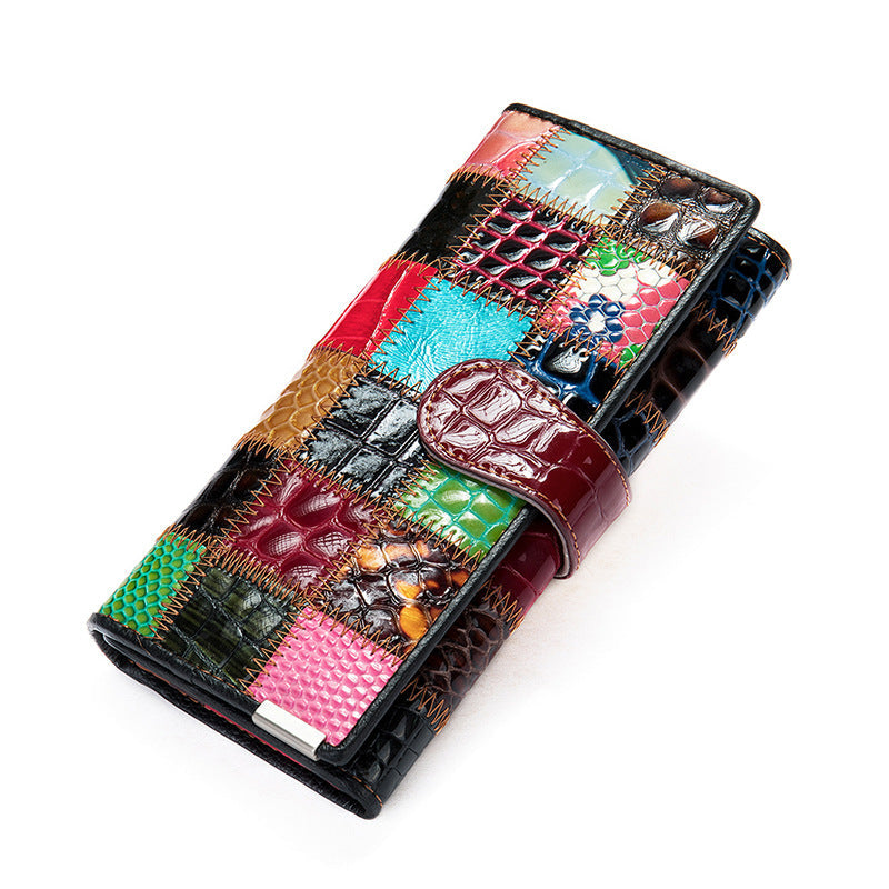Women's Long Cowhide Fashion Stitching Colorful Leather Creative Purse