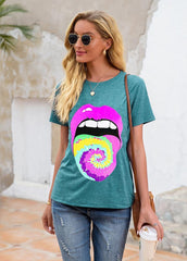 Lip Printed Round Neck Short Sleeve T-shirt