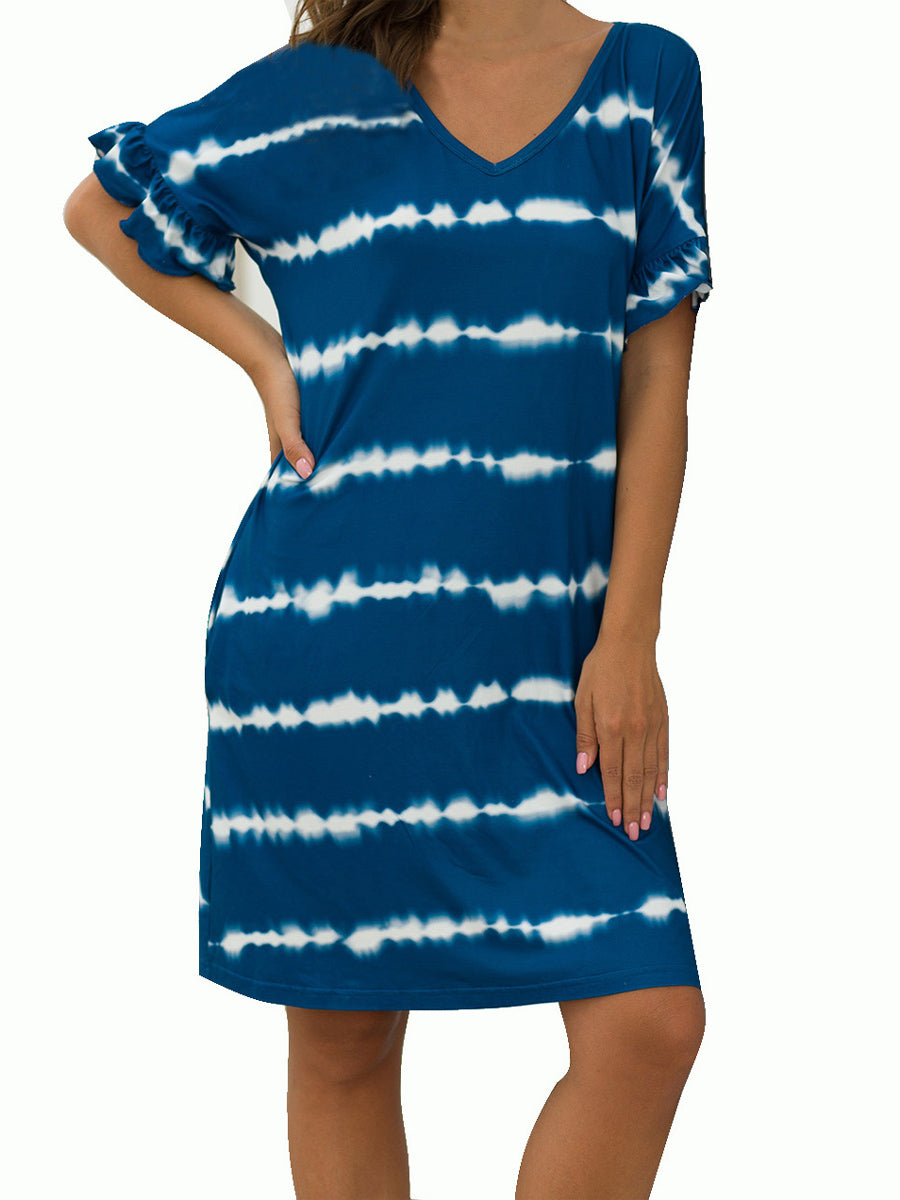 Fashionable Printed Loose Fit And Sweet Stitching Mini Dress - V-Neck - Circular Cap