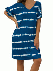 Fashionable Printed Loose Fit And Sweet Stitching Mini Dress - V-Neck - Circular Cap