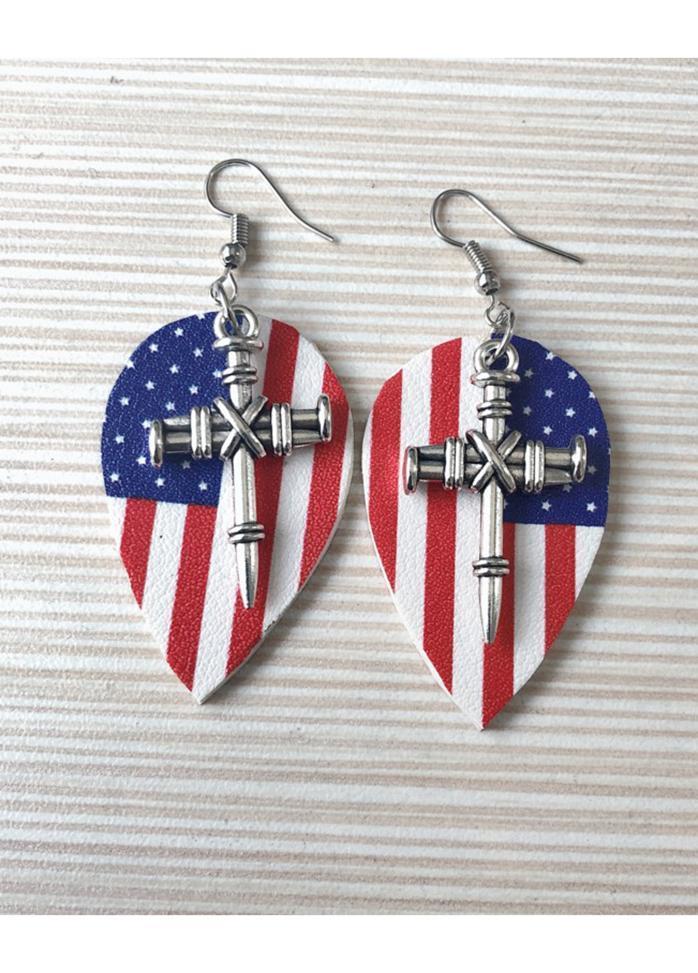 Flag Day Theme Printed Flag Star Metal Sword Multi-layer Earrings