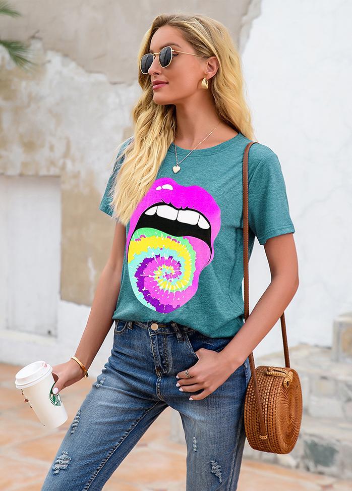 Lip Printed Round Neck Short Sleeve T-shirt