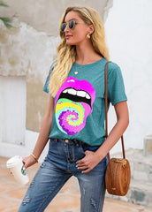 Lip Printed Round Neck Short Sleeve T-shirt