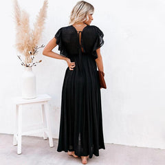 Short Sleeve Deep V Neck Button Down Maxi Dress