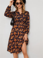 Spring and Autumn Fashion Casual Long-sleeved Floral Floral High Waist A-line Dress Shirt POLO Collar Temperament Elegant Dress