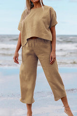 Solid Short Sleeve Pullover Top Elastic Waist Cropped Pants Set