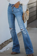 Fashion Street Solid Ripped Mid Waist Boot Cut Denim