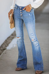 Fashion Street Solid Ripped Mid Waist Boot Cut Denim