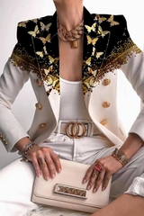 British Style Butterfly Print Buckle Turn-back Collar Outerwear(3 colors)