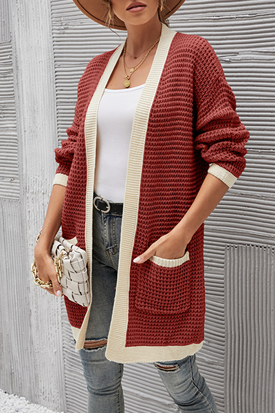 Casual Patchwork Pocket  Contrast V Neck Tops Without Belt