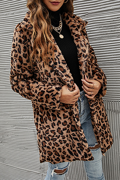 Casual Leopard Split Joint Pocket Turndown Collar Outerwear
