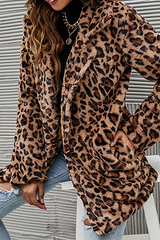 Casual Leopard Split Joint Pocket Turndown Collar Outerwear