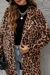 Casual Leopard Split Joint Pocket Turndown Collar Outerwear
