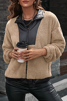Casual Patchwork Zipper Turndown Collar Outerwear