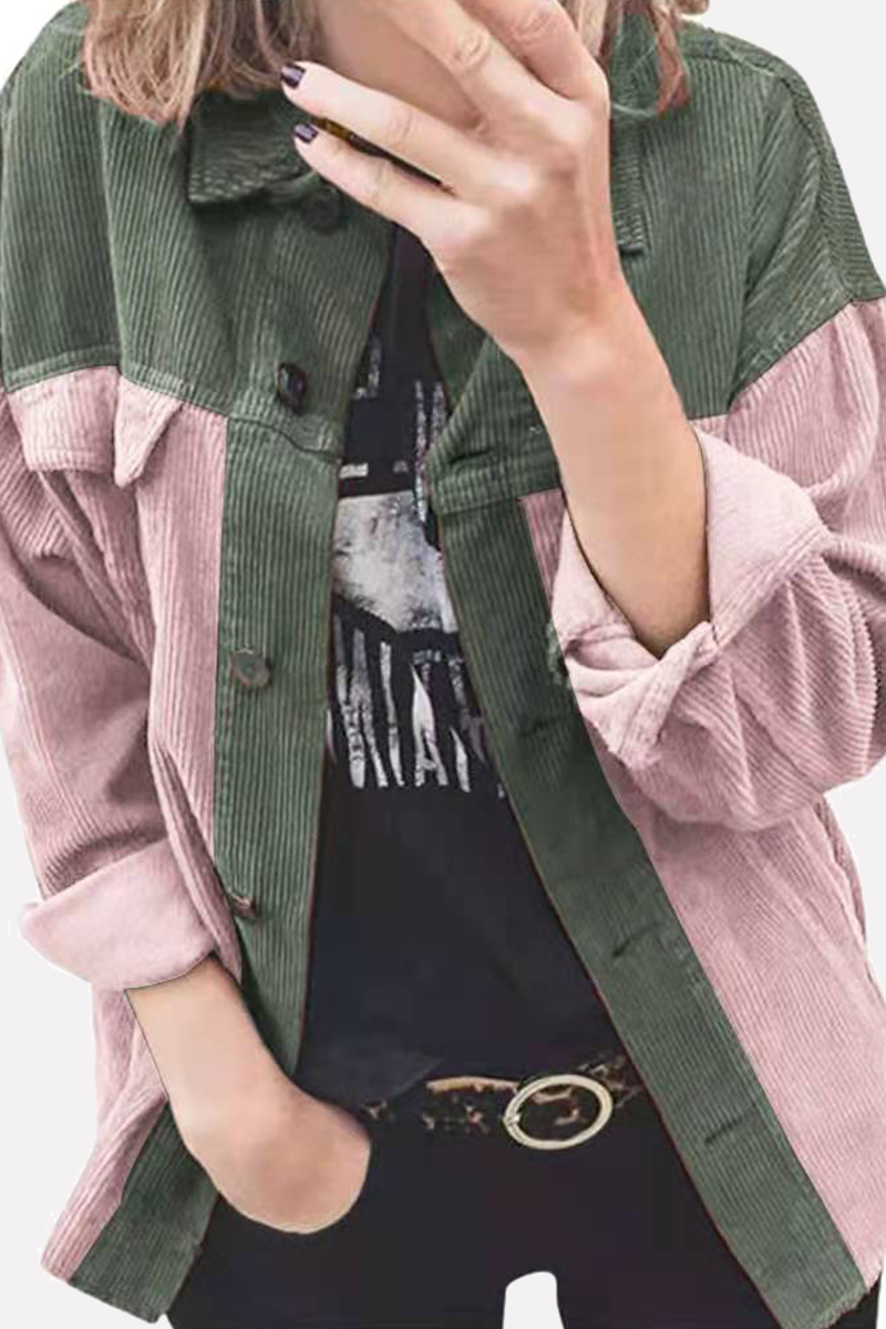 Casual Patchwork Buckle  Contrast Turndown Collar Outerwear