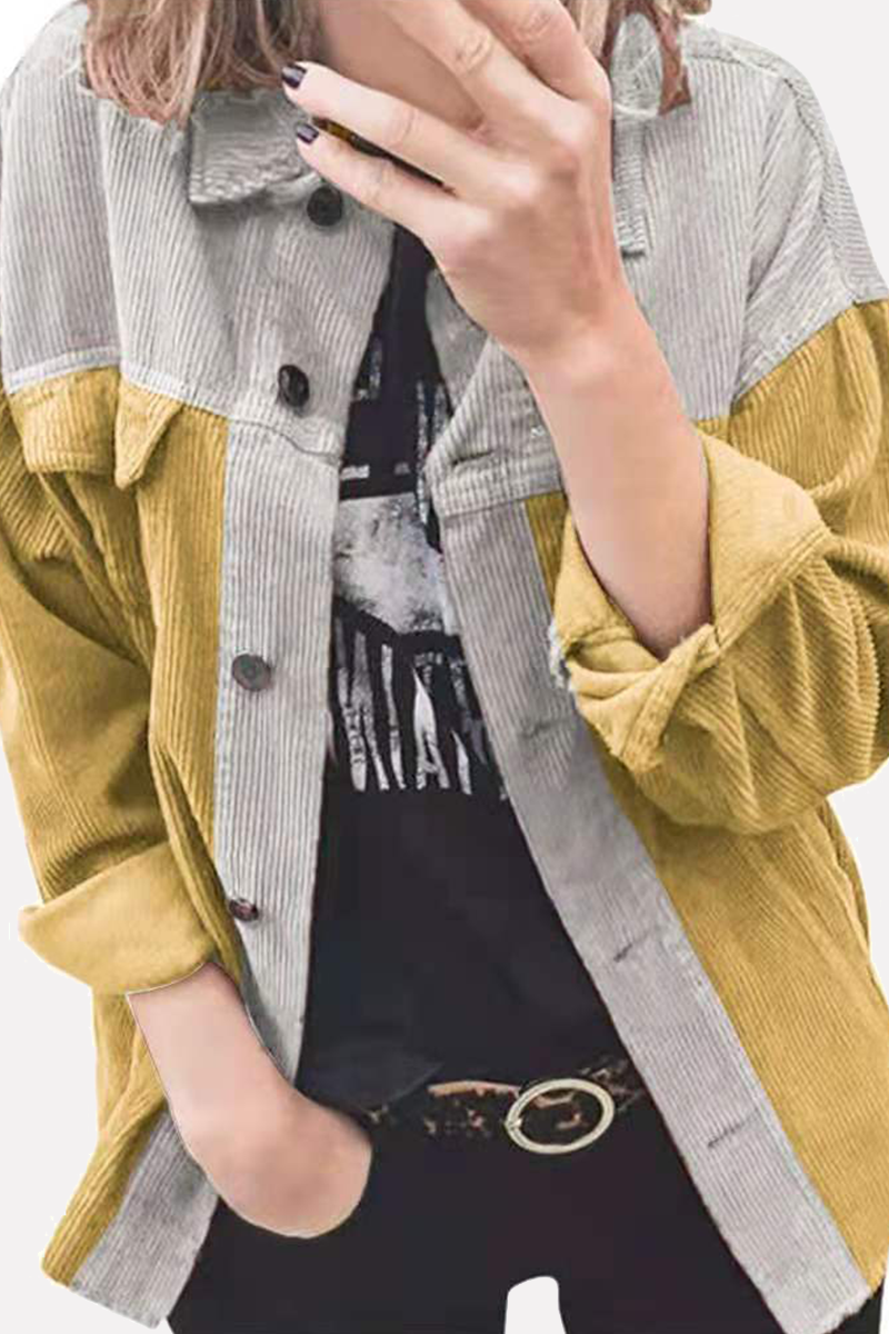 Casual Patchwork Buckle  Contrast Turndown Collar Outerwear