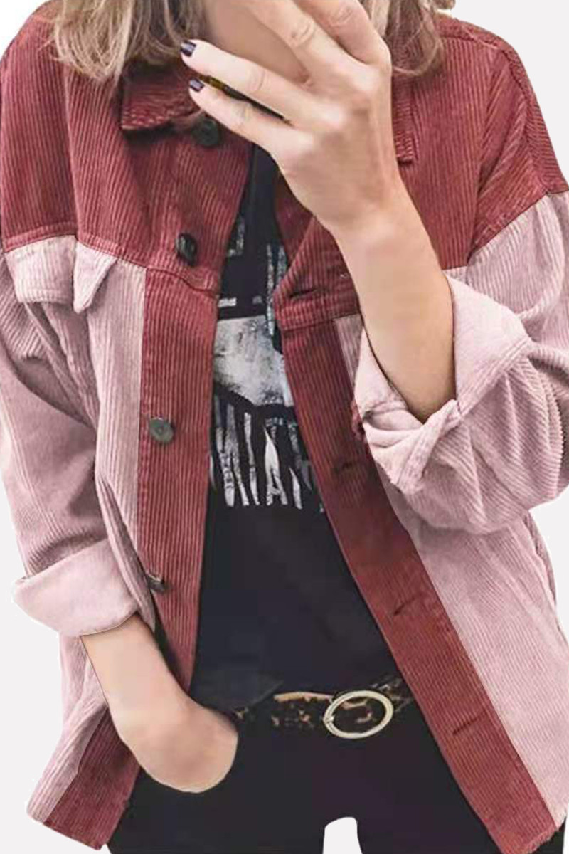 Casual Patchwork Buckle  Contrast Turndown Collar Outerwear