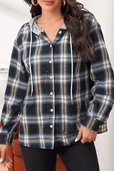 Casual Plaid Draw String Buckle Hooded Collar Outerwear