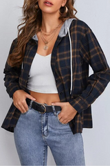 Casual Plaid Draw String Buckle Hooded Collar Outerwear
