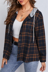 Casual Plaid Draw String Buckle Hooded Collar Outerwear