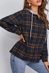 Casual Plaid Draw String Buckle Hooded Collar Outerwear