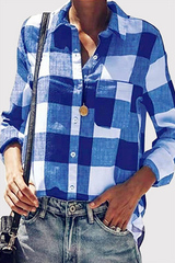 Casual Plaid Pocket Buckle Turndown Collar Tops