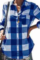 Casual Plaid Pocket Buckle Turndown Collar Tops