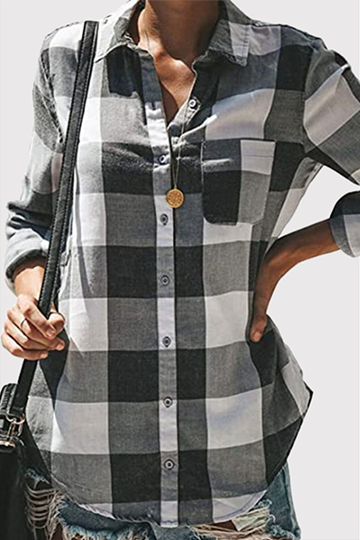 Casual Plaid Pocket Buckle Turndown Collar Tops