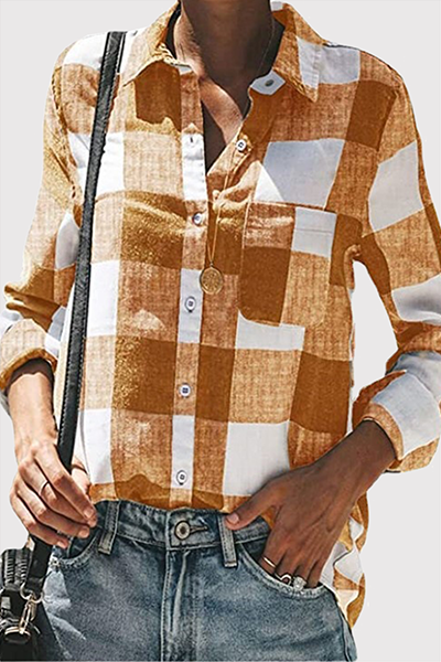 Casual Plaid Pocket Buckle Turndown Collar Tops