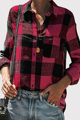 Casual Plaid Pocket Buckle Turndown Collar Tops