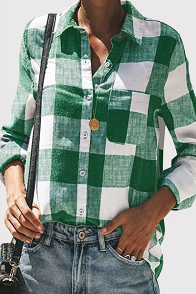 Casual Plaid Pocket Buckle Turndown Collar Tops