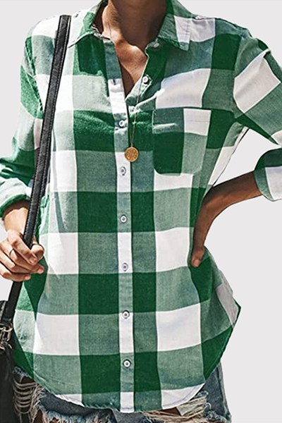 Casual Plaid Pocket Buckle Turndown Collar Tops