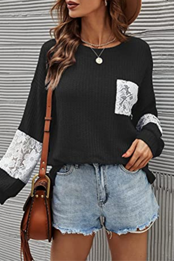 Casual Patchwork Lace Split Joint O Neck Tops