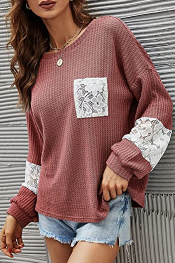 Casual Patchwork Lace Split Joint O Neck Tops