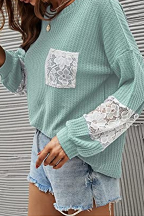 Casual Patchwork Lace Split Joint O Neck Tops