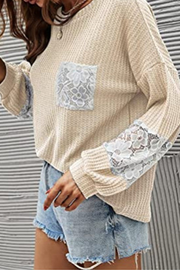 Casual Patchwork Lace Split Joint O Neck Tops