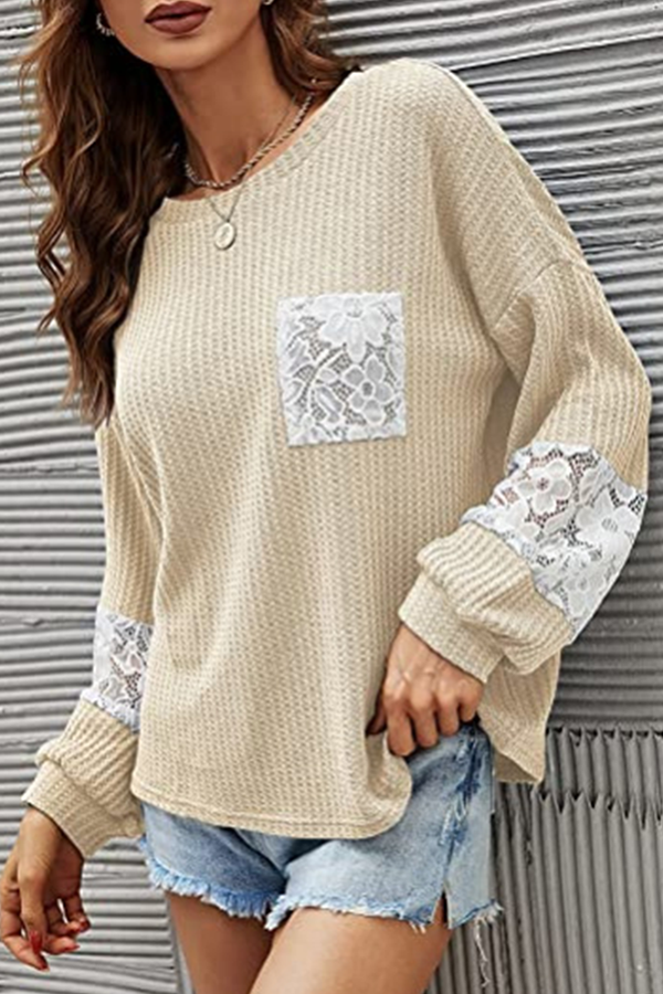 Casual Patchwork Lace Split Joint O Neck Tops