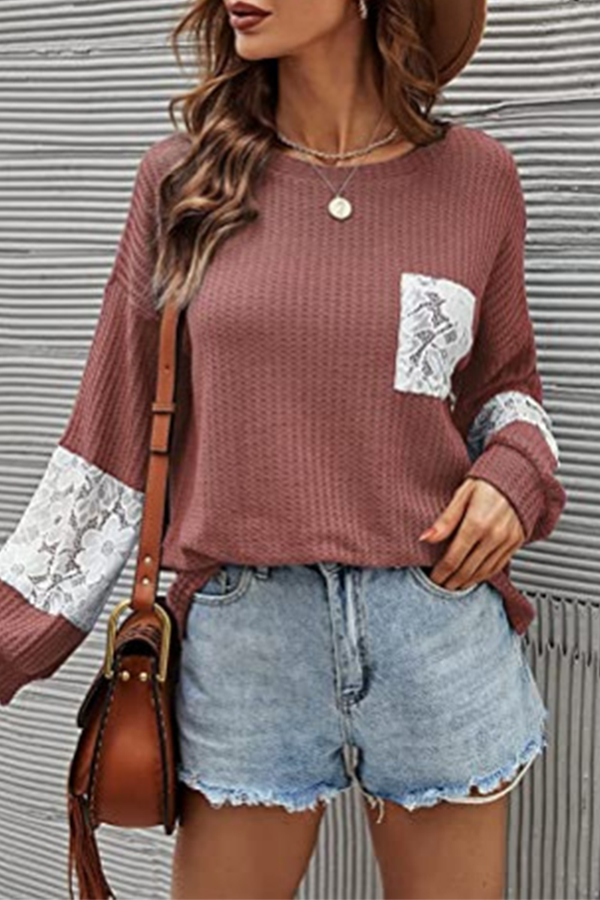 Casual Patchwork Lace Split Joint O Neck Tops