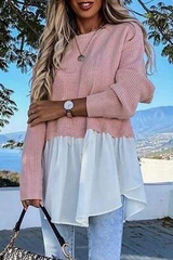 Casual Patchwork Asymmetrical  Contrast O Neck Tops
