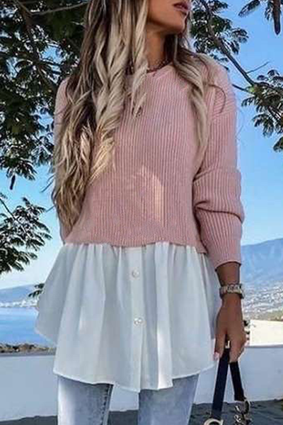 Casual Patchwork Asymmetrical  Contrast O Neck Tops